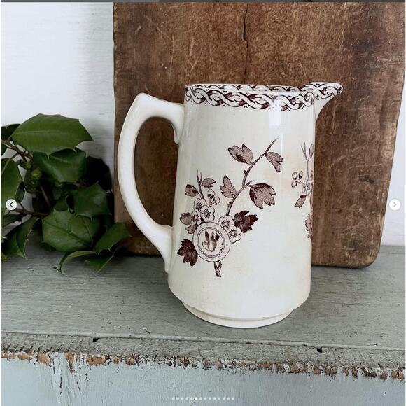 Vintage Ironstone Brown Transferware Pitcher Aesthetic Bird Stained Crazed - Picture 5 of 9